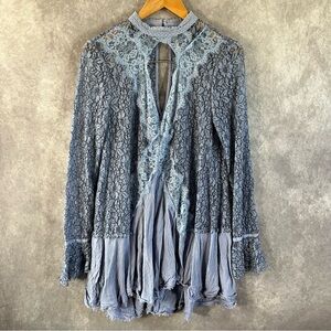 🔺SOLD🔺Free People Olive Tell Tale Tunic Mini Dress Womens M Blue Lace Semi Sheer